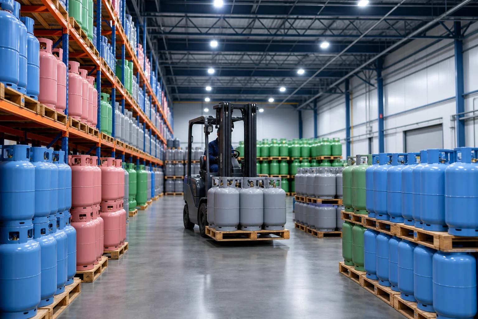 US warehouse stocked with HVAC refrigerant cylinders